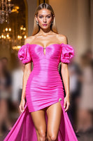 Load image into Gallery viewer, Fuchsia Satin Bodycon High Low Homecoming Dress