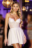Load image into Gallery viewer, White Corset A Line Short Satin Homecoming Dress with Lace