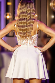 White Corset A Line Short Satin Homecoming Dress with Lace