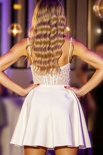 White Corset A Line Short Satin Homecoming Dress with Lace
