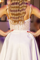 Load image into Gallery viewer, White Corset A Line Short Satin Homecoming Dress with Lace