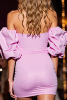 Load image into Gallery viewer, Sparkly Pink Off the Shoulder Short Satin Homecoming Dress