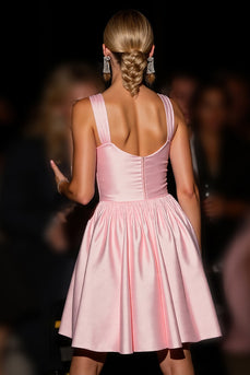Pink A Line Short Satin Homecoming Dress with 3D Flowers