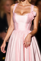 Load image into Gallery viewer, Pink A Line Short Satin Homecoming Dress with 3D Flowers