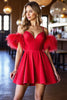 Load image into Gallery viewer, Red Corset A Line Short Satin Homecoming Dress with Feathers