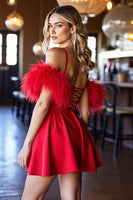 Load image into Gallery viewer, Red Corset A Line Short Satin Homecoming Dress with Feathers