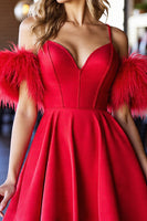 Load image into Gallery viewer, Red Corset A Line Short Satin Homecoming Dress with Feathers