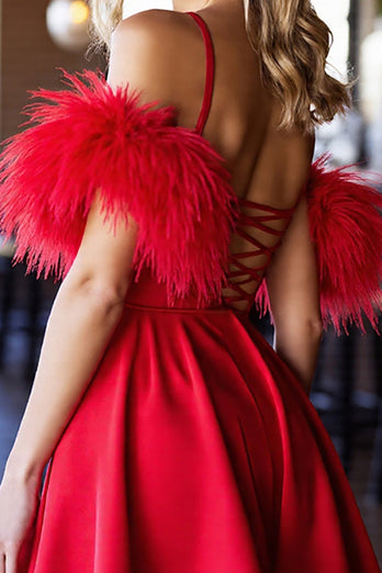 Red Corset A Line Short Satin Homecoming Dress with Feathers