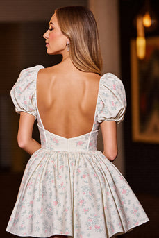 Floral White Satin A Line Short Corset Homecoming Dress