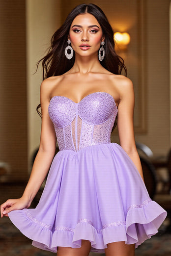 Purple A Line Strapless Short Corset Homecoming Dress with Sequins