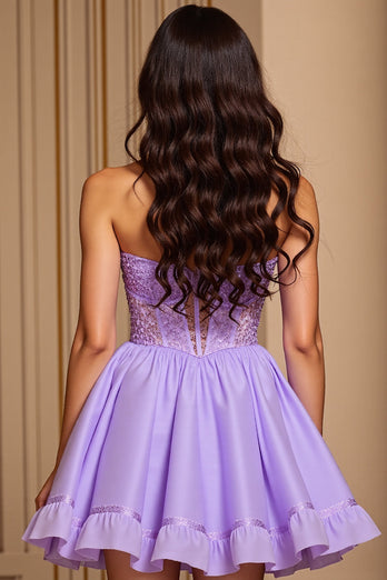 Purple A Line Strapless Short Corset Homecoming Dress with Sequins