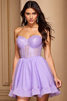 Load image into Gallery viewer, Purple A Line Strapless Short Corset Homecoming Dress with Sequins