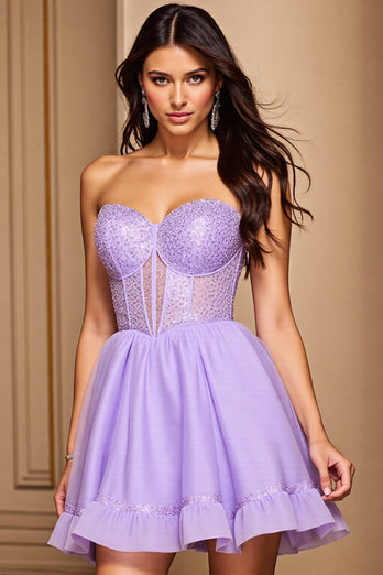 Purple A Line Strapless Short Corset Homecoming Dress with Sequins