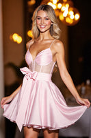 Load image into Gallery viewer, Pink Satin A Line Short Corset Homecoming Dress with Bow