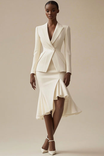 Ivory 2 Piece Peak Lapel Satin Bodycon Midi Business Suits