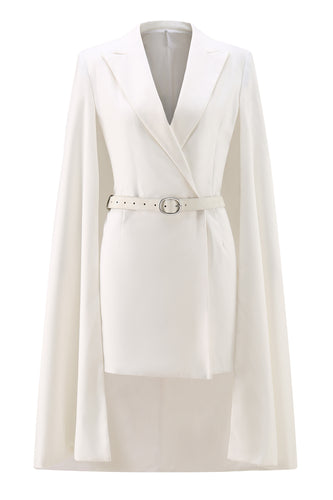 White Satin Bodycon Peak Lapel Short Work Blazer Dress with Cape