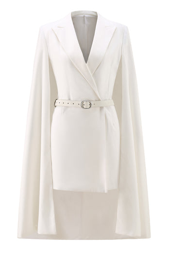 White Satin Bodycon Peak Lapel Short Work Blazer Dress with Cape