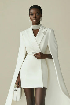White Satin Peak Lapel Cape Short Work Blazer Dress
