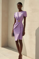 Load image into Gallery viewer, Purple Bodycon Ruched Satin Short Work Dress