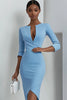 Load image into Gallery viewer, Sky Blue Satin V-Neck Bodycon Short Work Dress