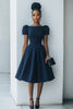 Load image into Gallery viewer, Navy A Line Satin Short Sleeves Midi Work Dress