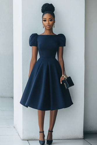 Navy A Line Satin Short Sleeves Midi Work Dress