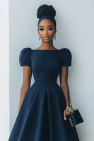 Load image into Gallery viewer, Navy A Line Satin Short Sleeves Midi Work Dress