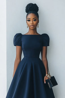 Navy A Line Satin Short Sleeves Midi Work Dress