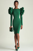 Load image into Gallery viewer, Dark Green Satin Bodycon Midi Work Dress with Ruffles