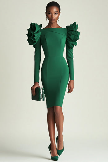 Dark Green Satin Bodycon Midi Work Dress with Ruffles