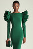 Load image into Gallery viewer, Dark Green Satin Bodycon Midi Work Dress with Ruffles