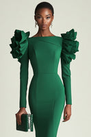 Load image into Gallery viewer, Dark Green Satin Bodycon Midi Work Dress with Ruffles