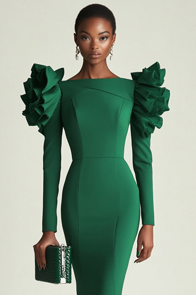 Load image into Gallery viewer, Dark Green Satin Bodycon Midi Work Dress with Ruffles