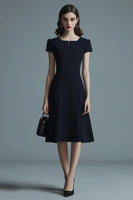 Load image into Gallery viewer, Navy A Line Satin Midi Work Dress with Short Sleeves
