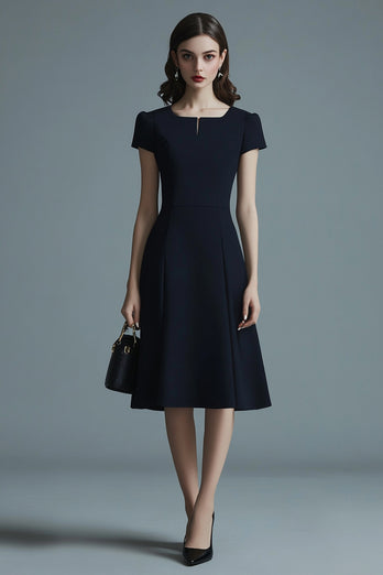 Navy A Line Satin Midi Work Dress with Short Sleeves