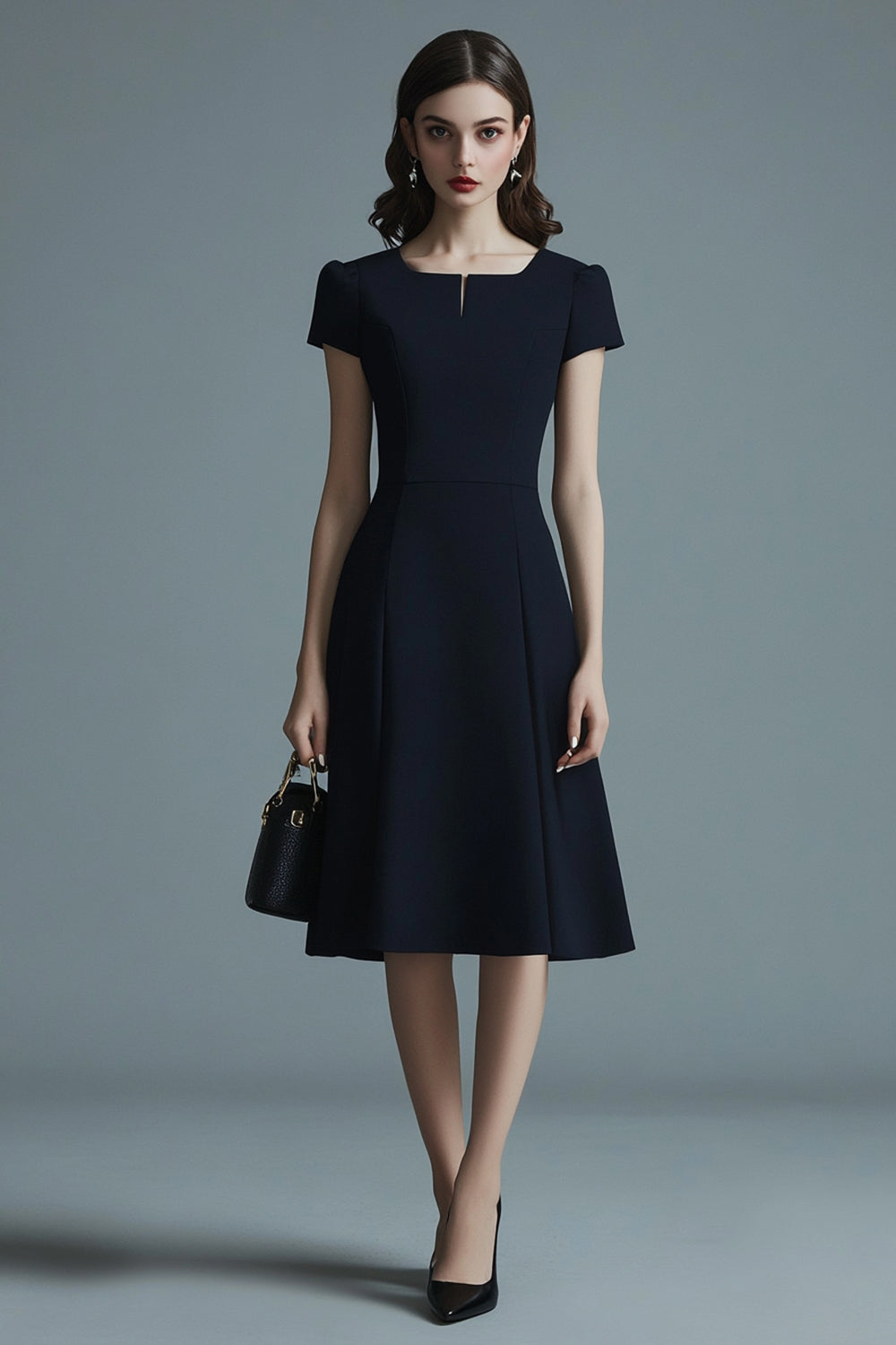 Navy A Line Satin Midi Work Dress with Short Sleeves
