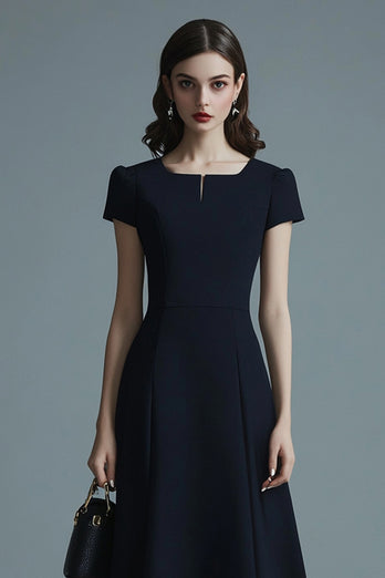 Navy A Line Satin Midi Work Dress with Short Sleeves