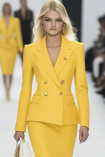Yellow Peak Lapel 2 Piece Double Breasted Business Suits