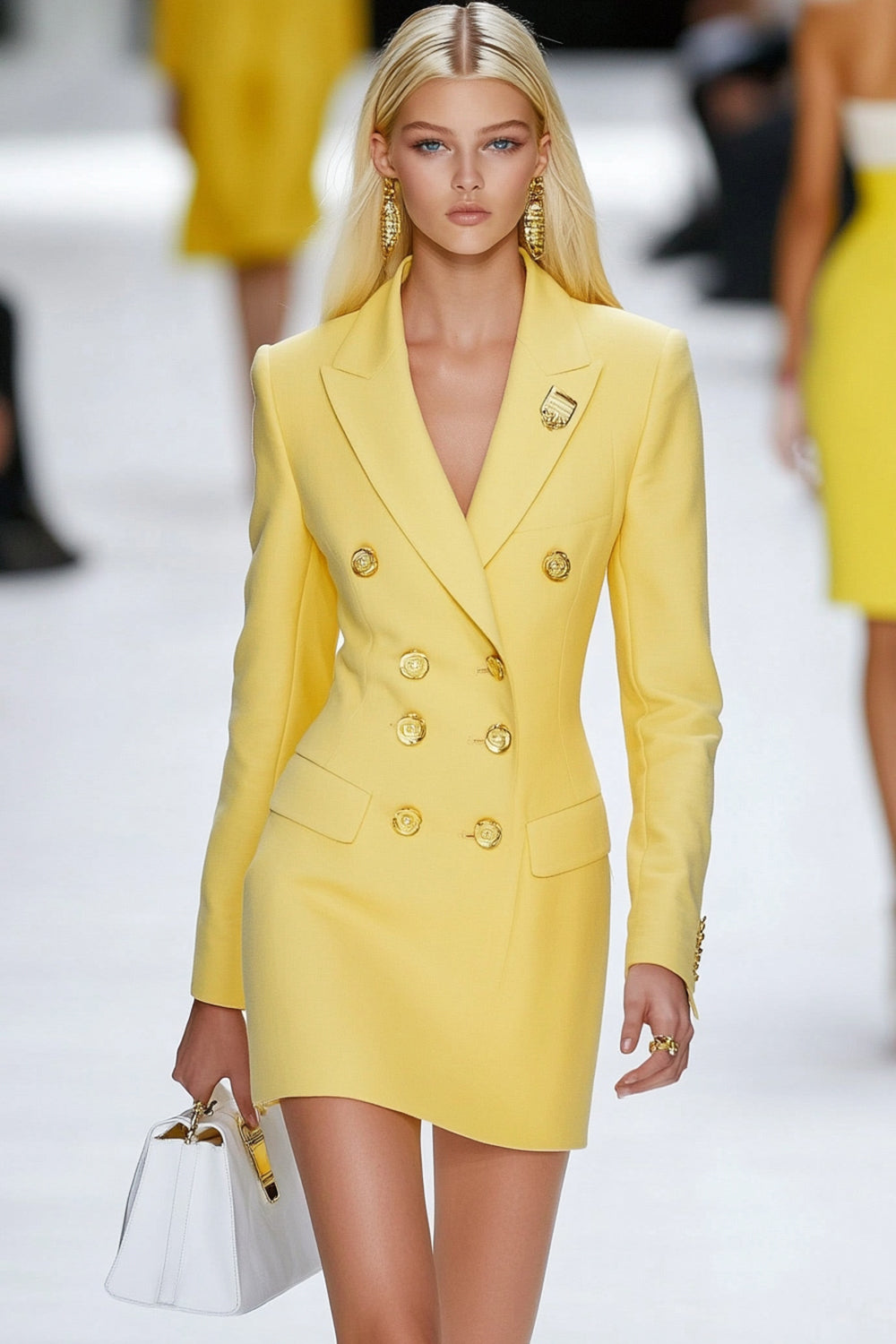 Yellow Satin Bodycon Peak Lapel Double Breasted Work Blazer Dress