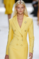 Load image into Gallery viewer, Yellow Satin Bodycon Peak Lapel Double Breasted Work Blazer Dress
