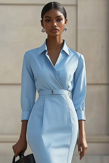 Sky Blue Bodycon Satin Long Sleeve Work Blazer Dress