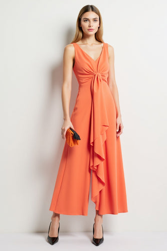 Orange V-Neck Long Work Jumpsuits with Ruffles