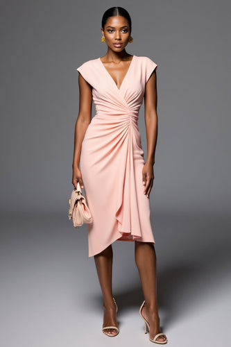 Light Pink V-Neck Bodycon Satin Short Work Dress with Ruffles