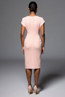 Light Pink V-Neck Bodycon Satin Short Work Dress with Ruffles