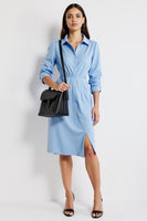 Load image into Gallery viewer, Blue A Line Collar Neck Long Sleeves Midi Work Shirt Dress with Slit