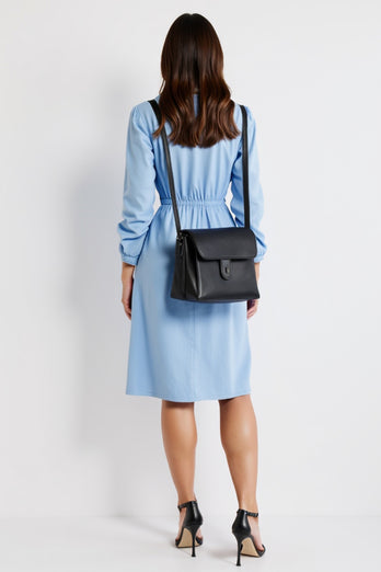 Blue A Line Collar Neck Long Sleeves Midi Work Shirt Dress with Slit