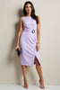 Load image into Gallery viewer, Purple Satin Bodycon Ruched Midi Work Dress with Slit