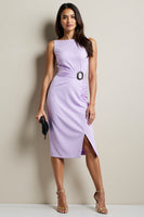 Load image into Gallery viewer, Purple Satin Bodycon Ruched Midi Work Dress with Slit
