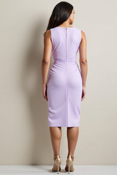 Purple Satin Bodycon Ruched Midi Work Dress with Slit