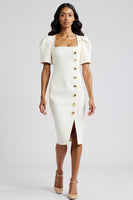 Load image into Gallery viewer, White Bodycon Satin Short Sleeves Midi Work Blazer Dress with Slit